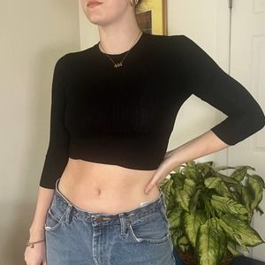 3/4 Sleeve Black Ribbed Mock Neck Crop Top